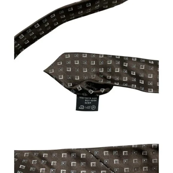ERMENEGILDO ZEGNA Men's 100% Silk Necktie LUXURY Tie Brown Geometric W:3.5 EUC